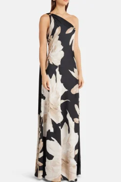 Niru Floral One Shoulder Maxi Dress in Black