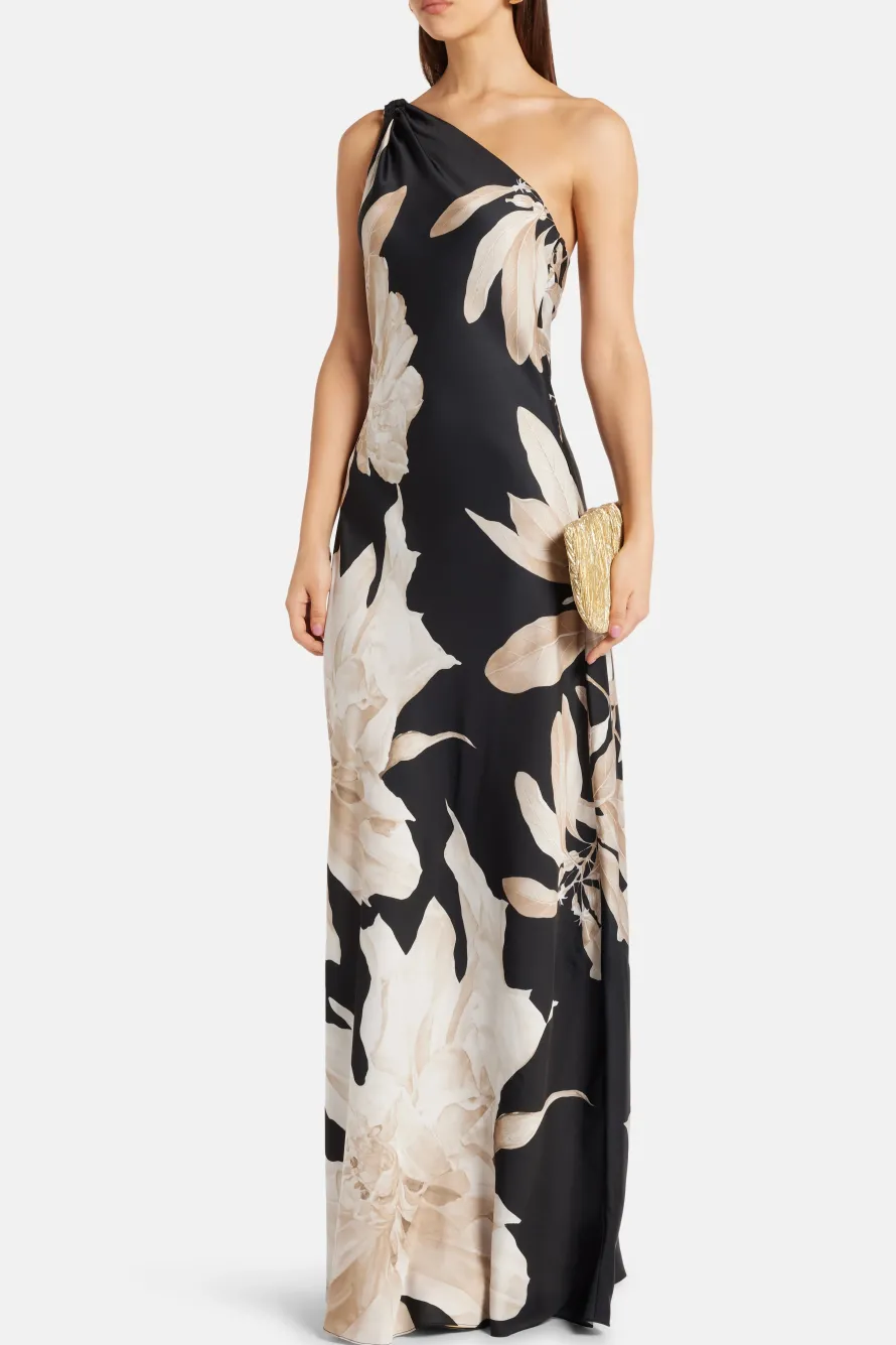 Niru Floral One Shoulder Maxi Dress in Black
