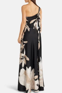 Niru Floral One Shoulder Maxi Dress in Black