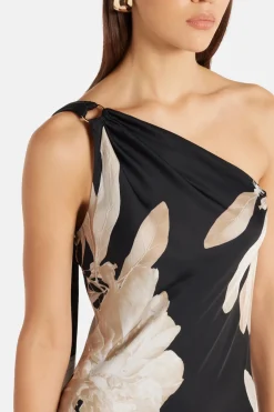 Niru Floral One Shoulder Maxi Dress in Black