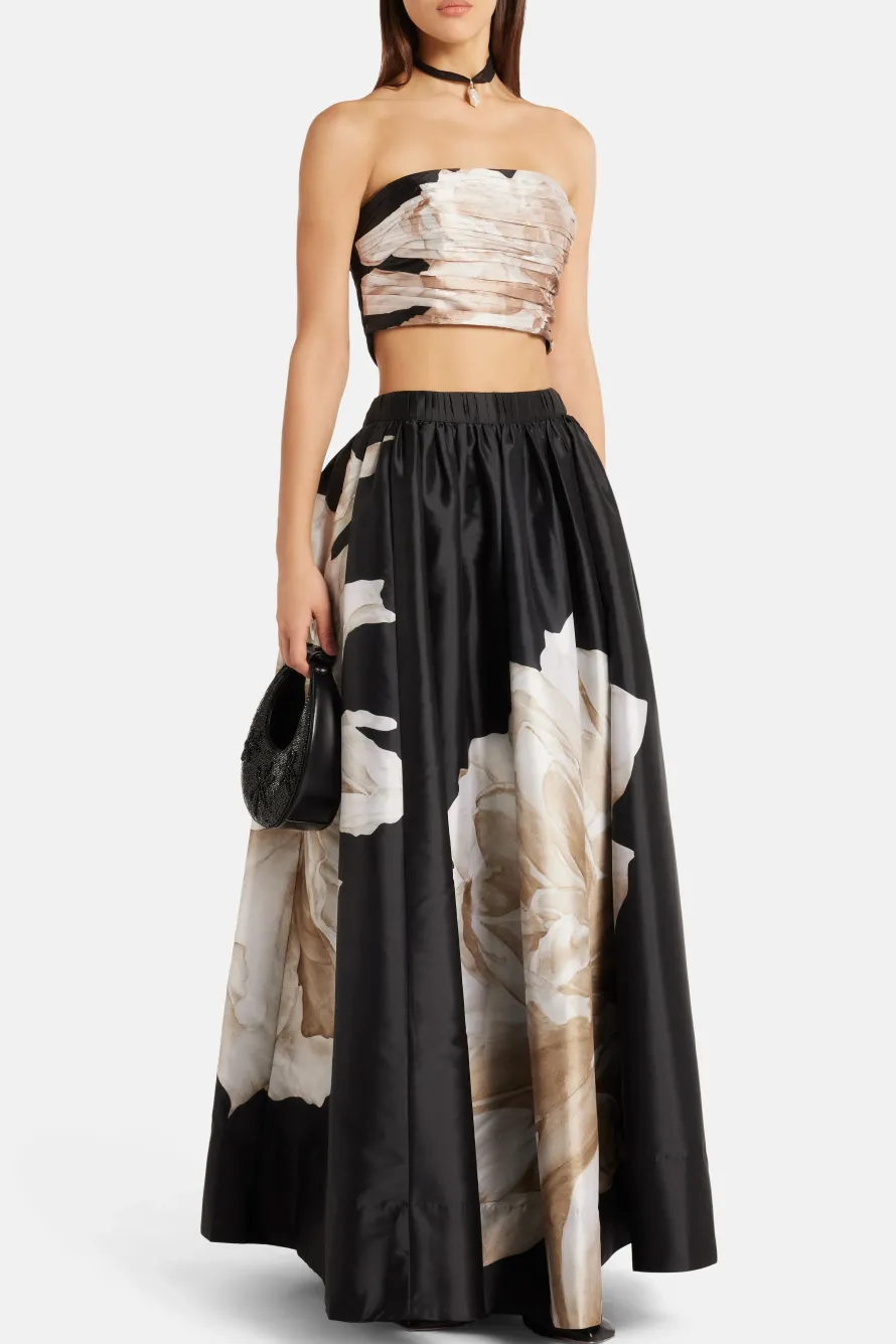 Niru Floral Ruched Bustier Top in Black