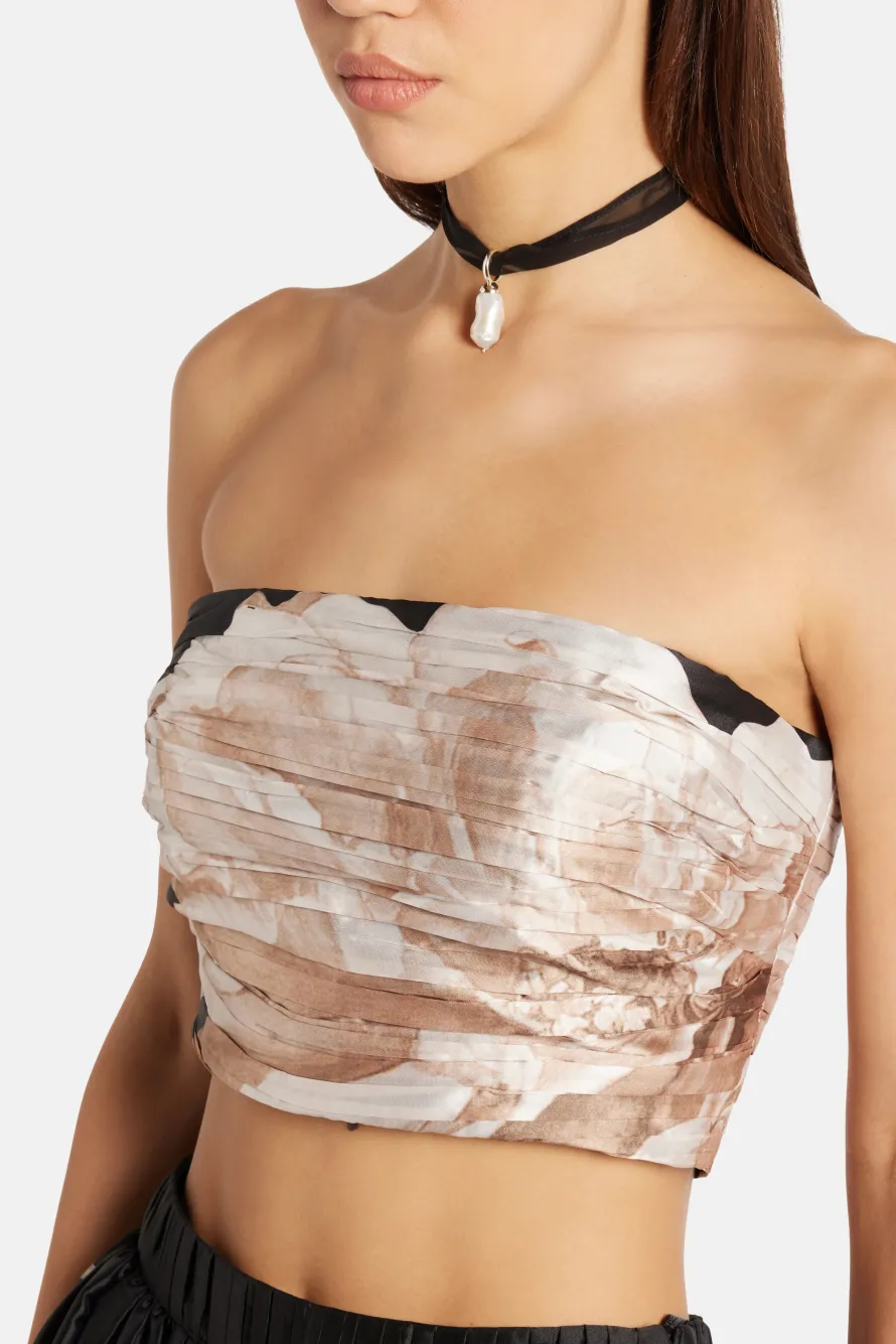 Niru Floral Ruched Bustier Top in Black