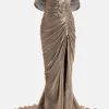 Off Shoulder Draped Satin Evening Gown With Slit in Gold/ Silver