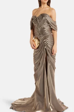 Off Shoulder Draped Satin Evening Gown With Slit in Gold/ Silver