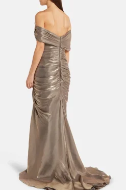 Off Shoulder Draped Satin Evening Gown With Slit in Gold/ Silver