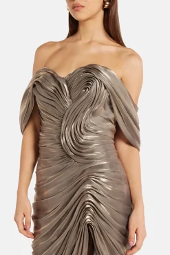 Off Shoulder Draped Satin Evening Gown With Slit in Gold/ Silver