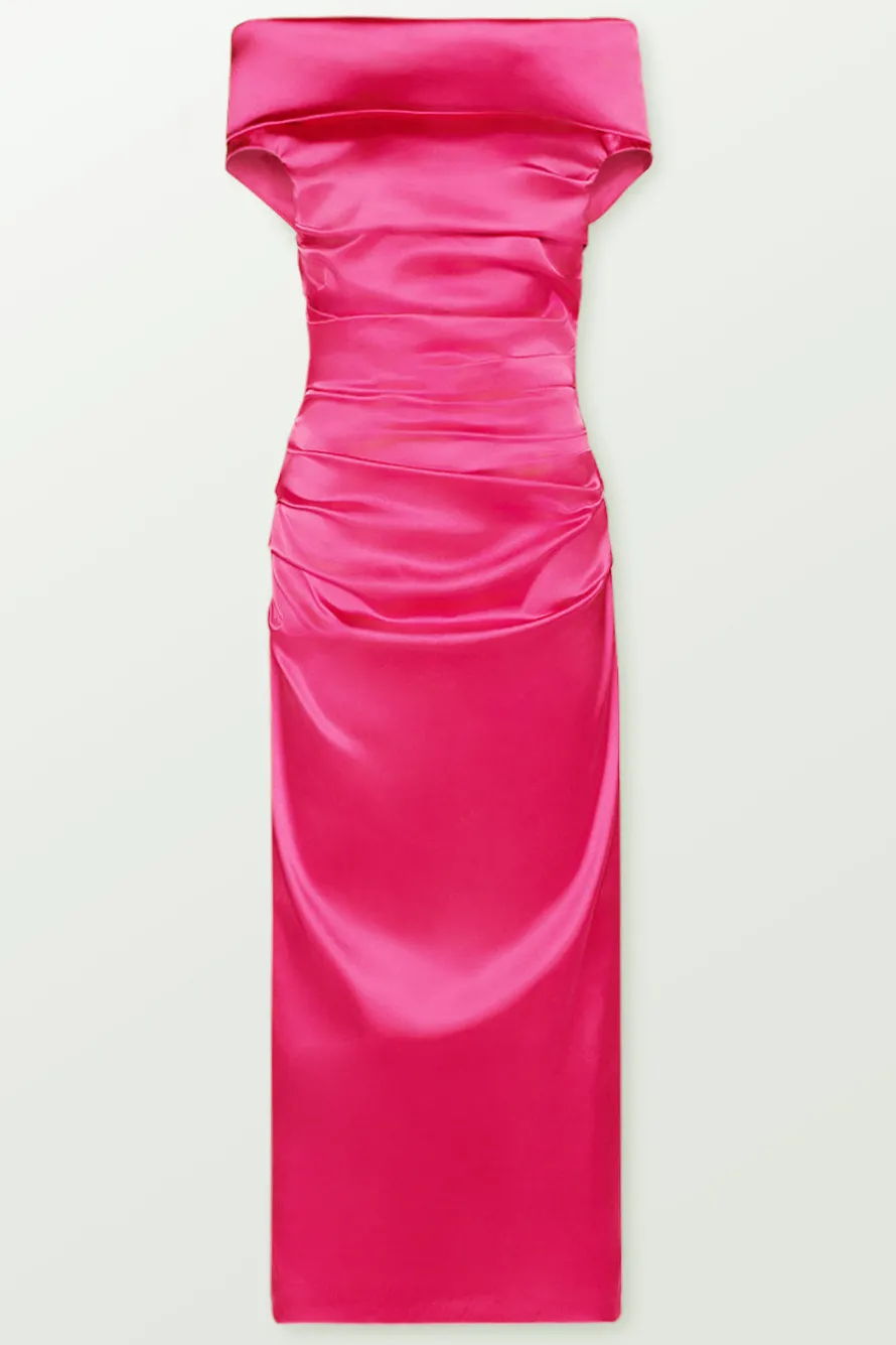 Off-Shoulder Satin Midi Dress
