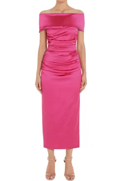 Off-Shoulder Satin Midi Dress