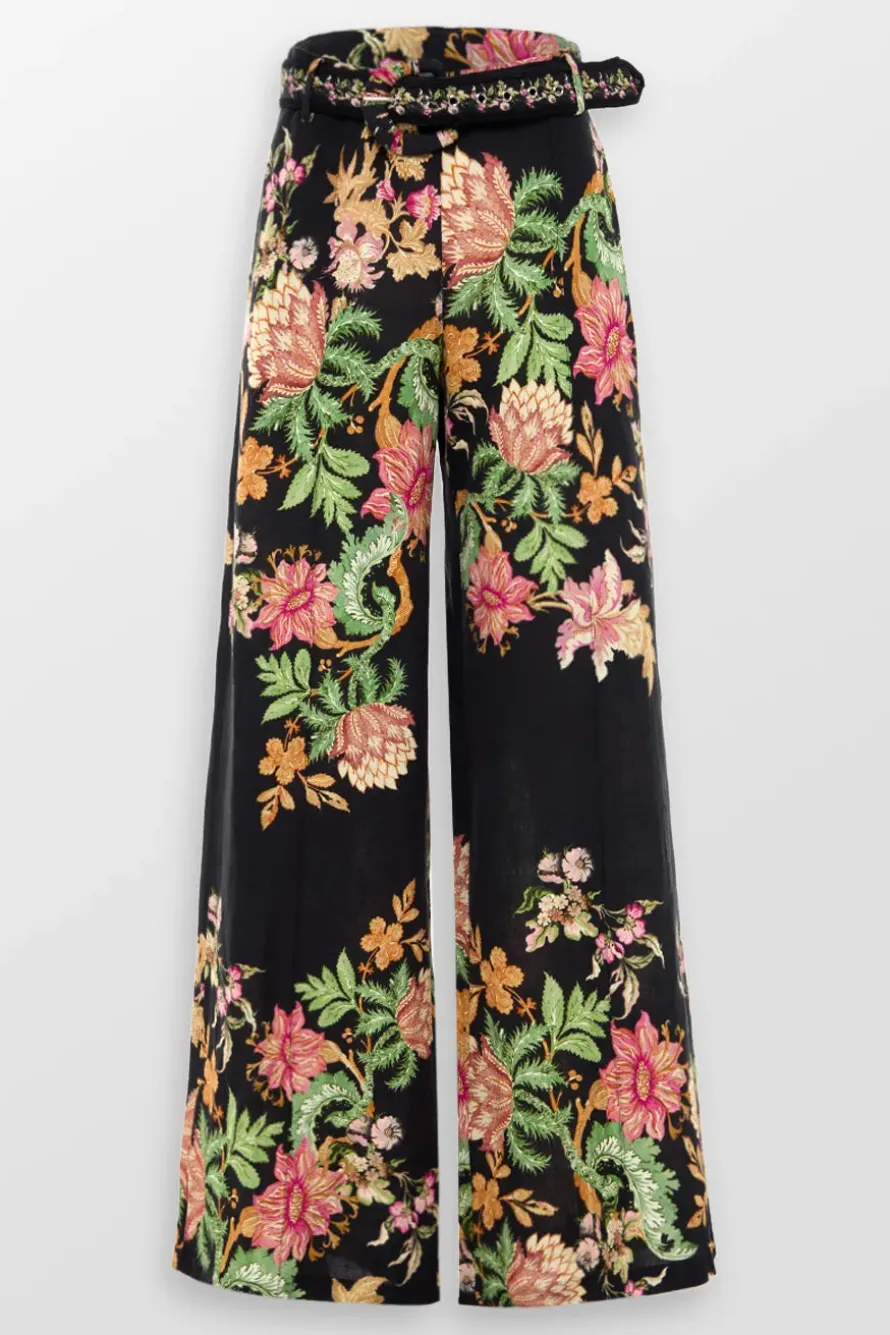 Pahi Floral Flared Pants With Buckle Belt