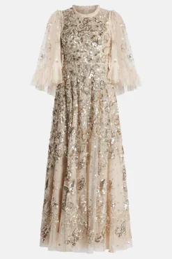 Papillon Sequin Embellished Midi Dress in Beige