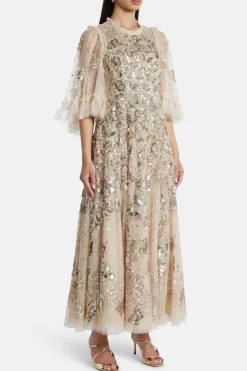 Papillon Sequin Embellished Midi Dress in Beige