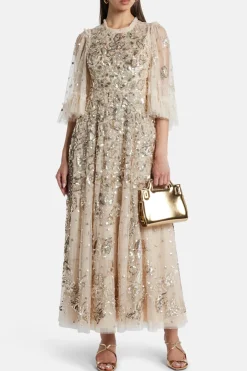Papillon Sequin Embellished Midi Dress in Beige