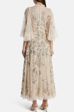 Papillon Sequin Embellished Midi Dress in Beige
