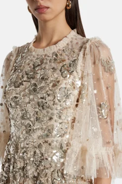 Papillon Sequin Embellished Midi Dress in Beige