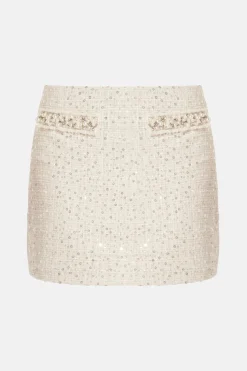 Park Avenue Beaded Tweed Wendina Knit Mini Skirt in Cream