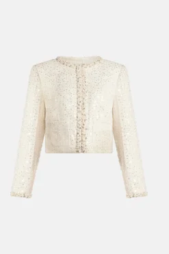 Park Avenue Beaded Tweed Vintra Knit Jacket in Cream