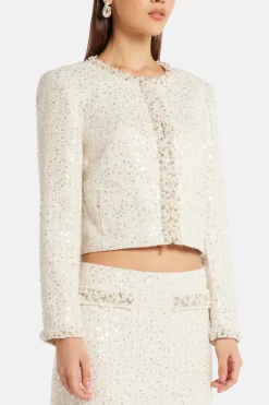 Park Avenue Beaded Tweed Vintra Knit Jacket in Cream