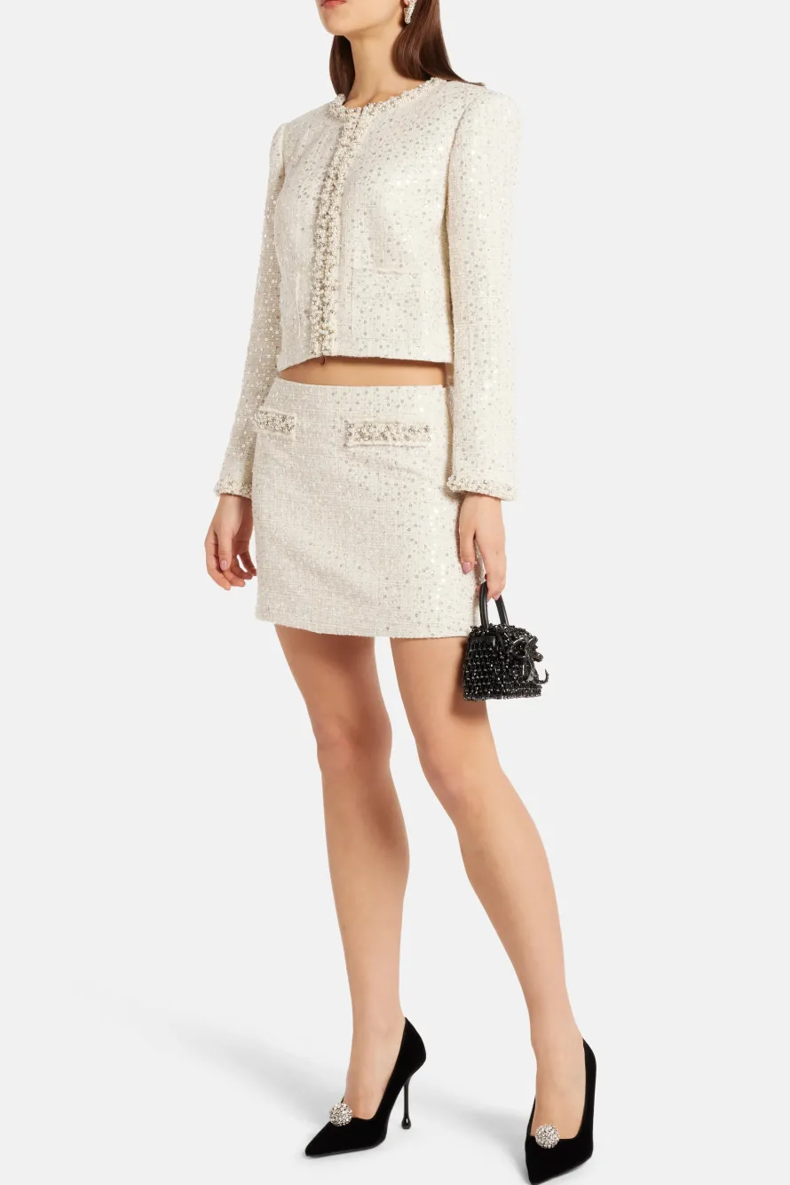Park Avenue Beaded Tweed Vintra Knit Jacket in Cream