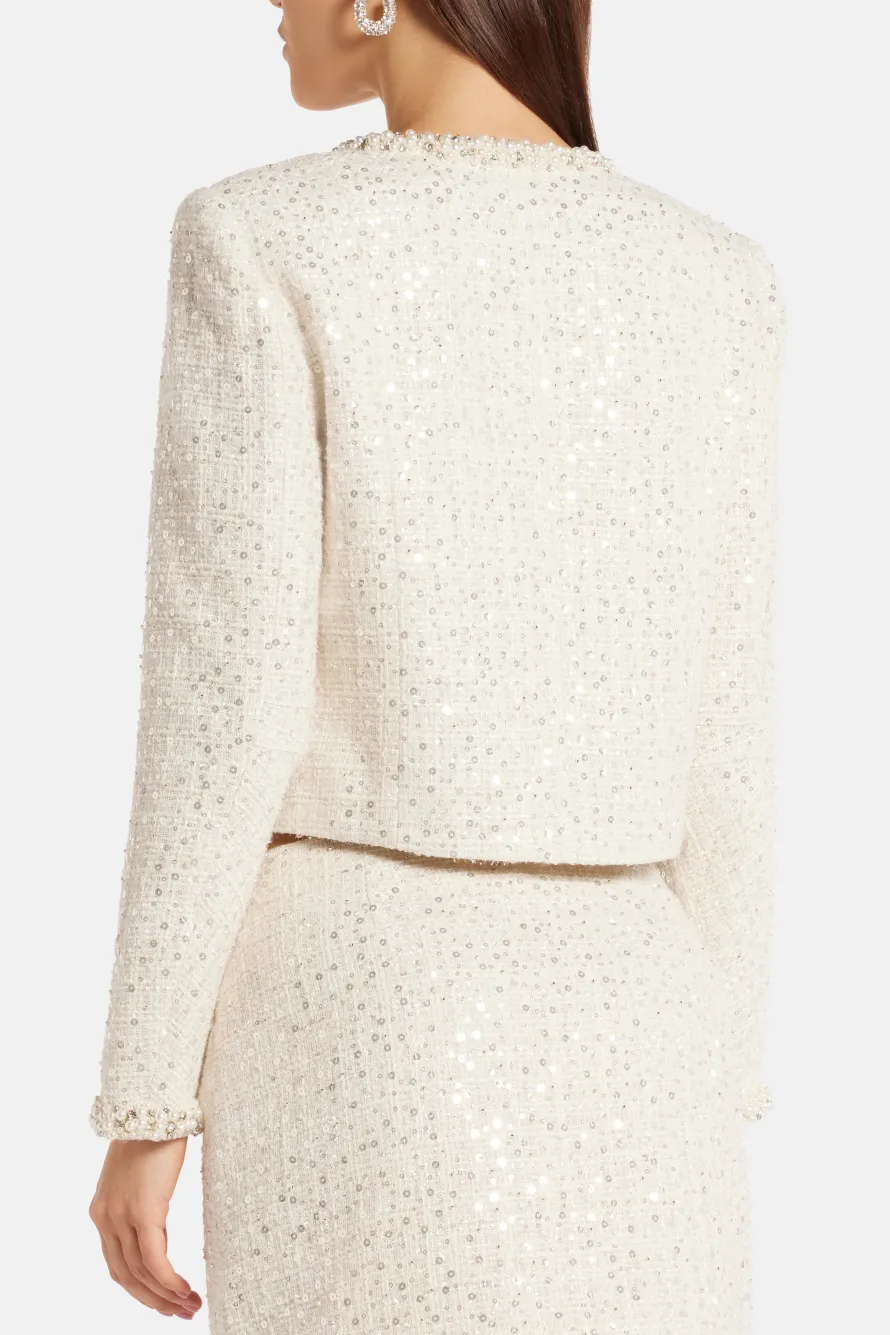 Park Avenue Beaded Tweed Vintra Knit Jacket in Cream
