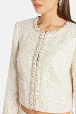 Park Avenue Beaded Tweed Vintra Knit Jacket in Cream