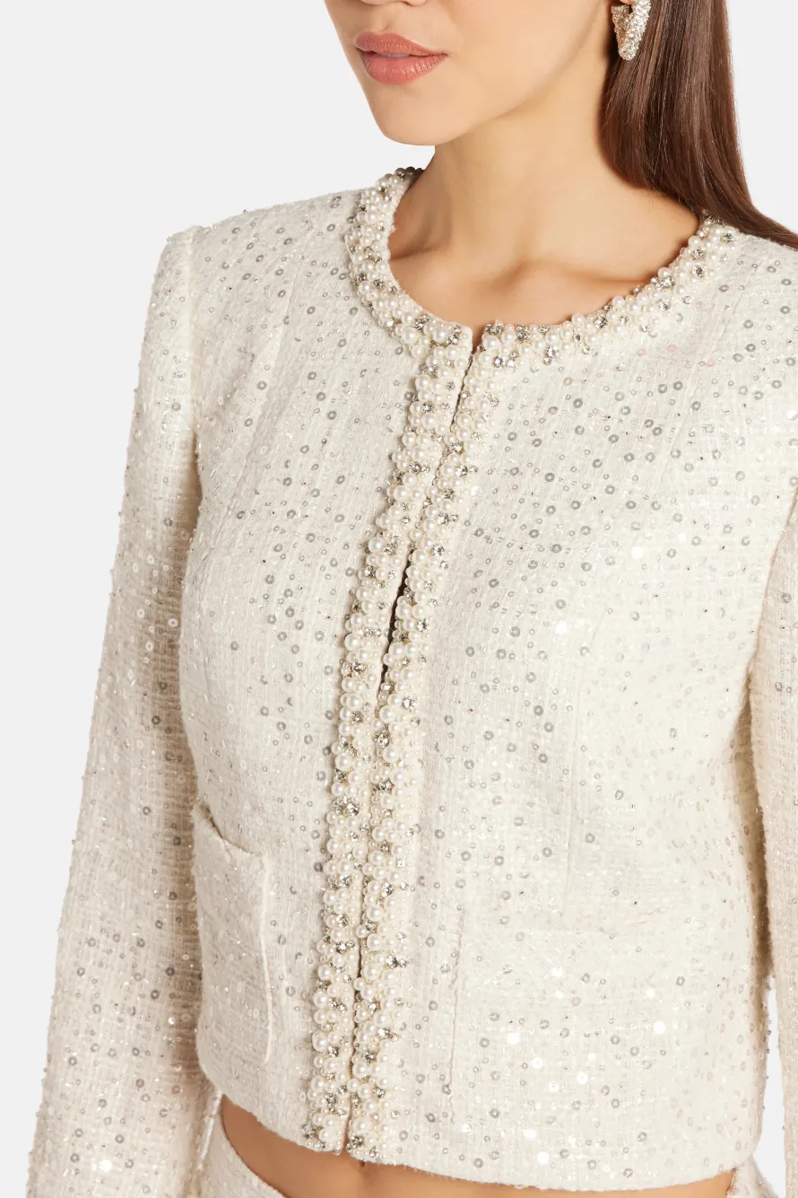 Park Avenue Beaded Tweed Vintra Knit Jacket in Cream