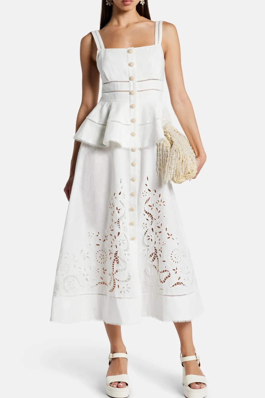 Peplum Linen Midi Dress in White