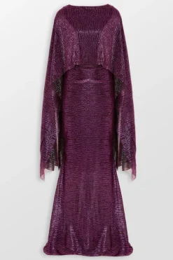 Pinpoint Metallic Voile Cape Evening Gown