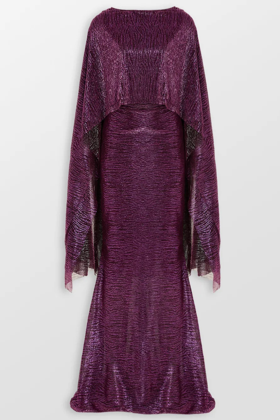 Pinpoint Metallic Voile Cape Evening Gown