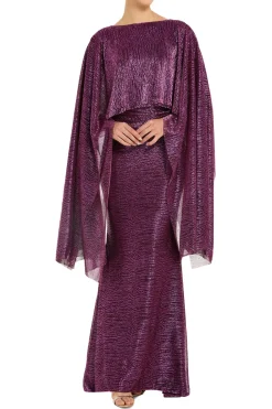 Pinpoint Metallic Voile Cape Evening Gown