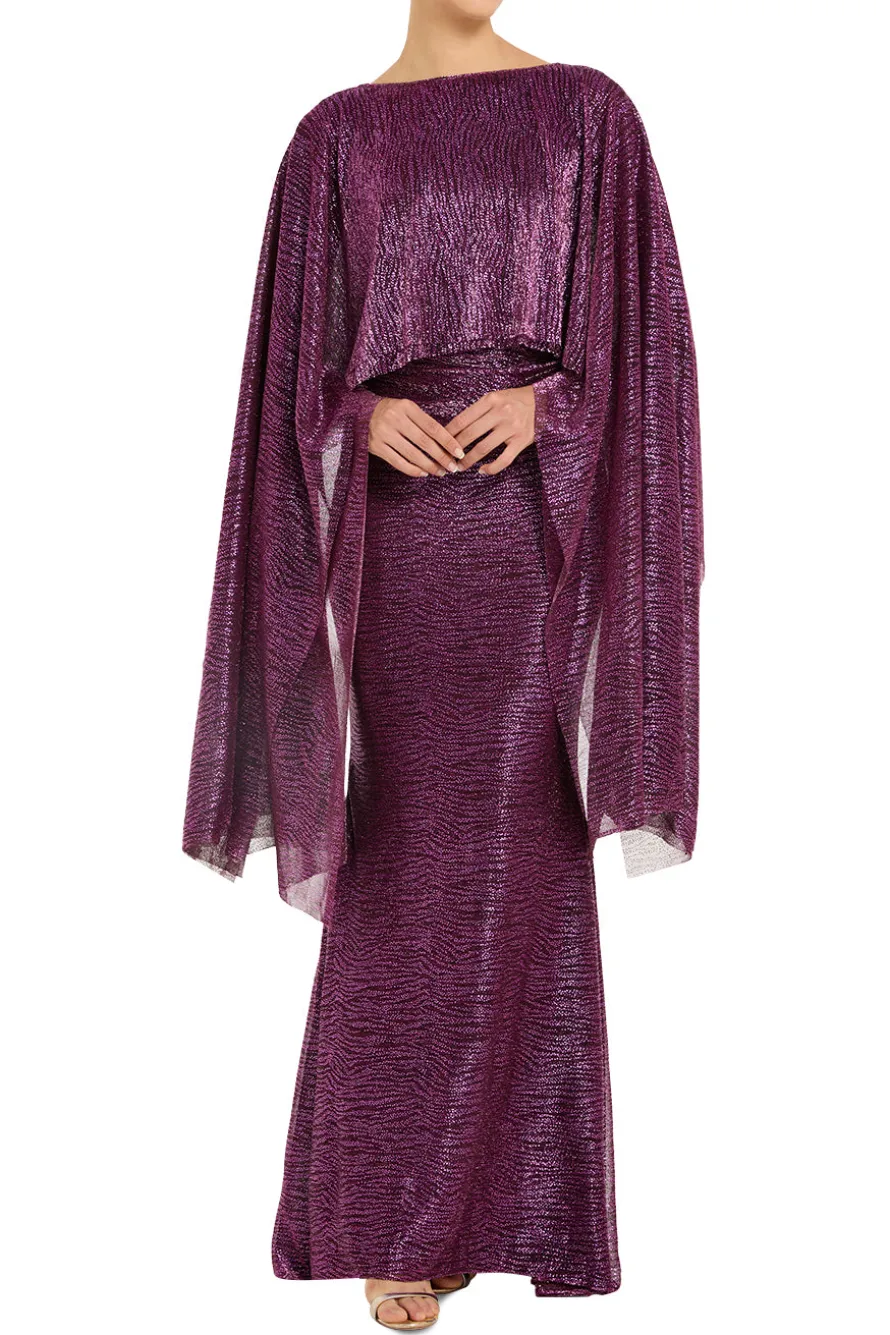 Pinpoint Metallic Voile Cape Evening Gown
