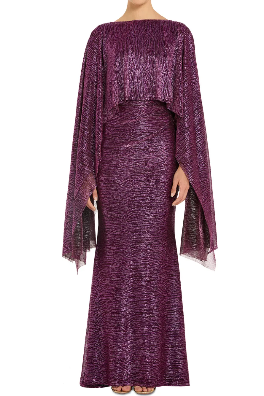 Pinpoint Metallic Voile Cape Evening Gown