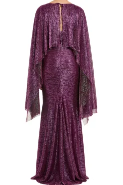 Pinpoint Metallic Voile Cape Evening Gown