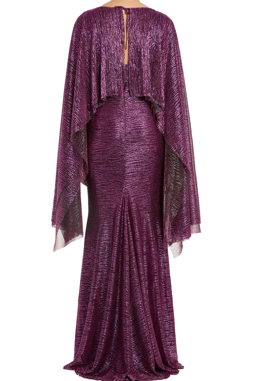 Pinpoint Metallic Voile Cape Evening Gown