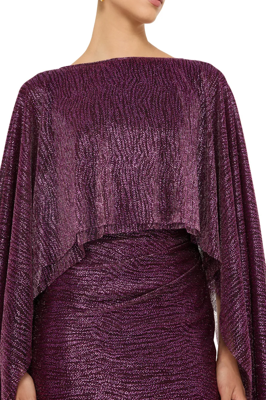 Pinpoint Metallic Voile Cape Evening Gown