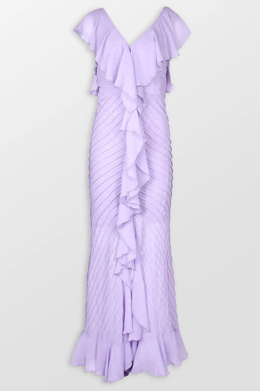 Pintuck Chiffon Ruffled Maxi Dress