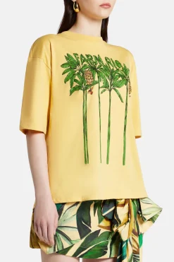 Pleated Print Cotton Round Neck T-Shirt in Yellow and Green