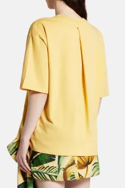 Pleated Print Cotton Round Neck T-Shirt in Yellow and Green