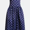 Polka Dot Strapless Satin Midi Dress in Navy Blue