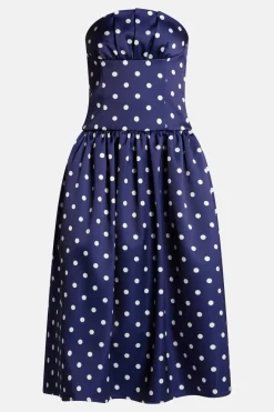 Polka Dot Strapless Satin Midi Dress in Navy Blue