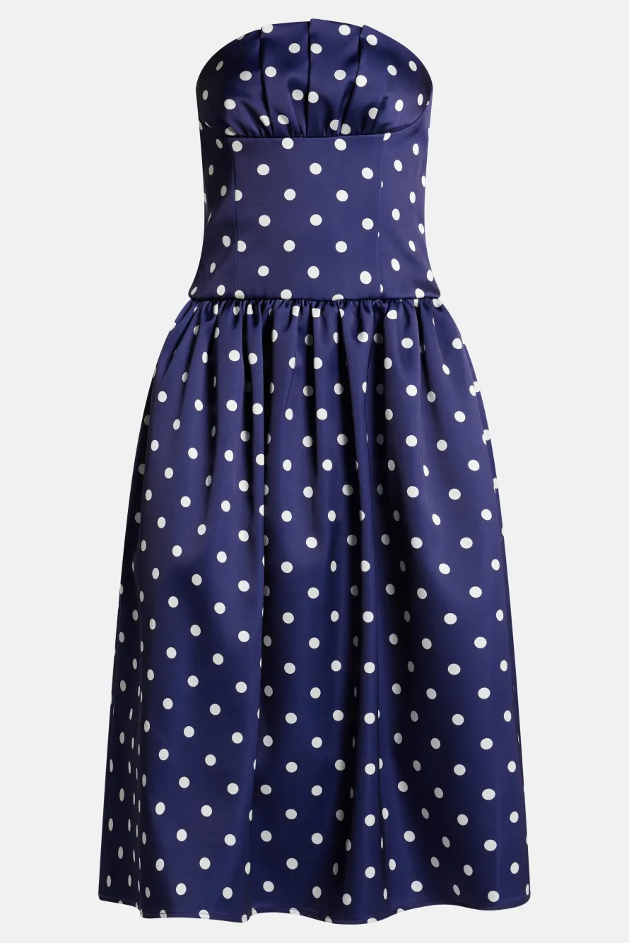 Polka Dot Strapless Satin Midi Dress in Navy Blue