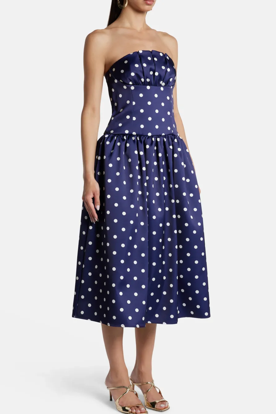 Polka Dot Strapless Satin Midi Dress in Navy Blue