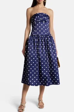 Polka Dot Strapless Satin Midi Dress in Navy Blue