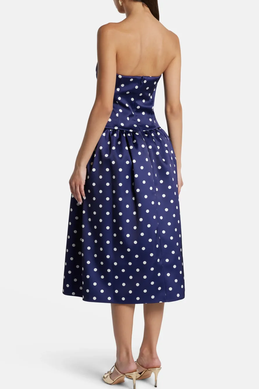 Polka Dot Strapless Satin Midi Dress in Navy Blue