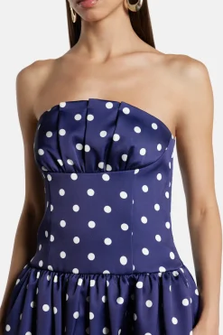 Polka Dot Strapless Satin Midi Dress in Navy Blue