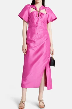 Presence Twisted Linen Midi Dress in Pink