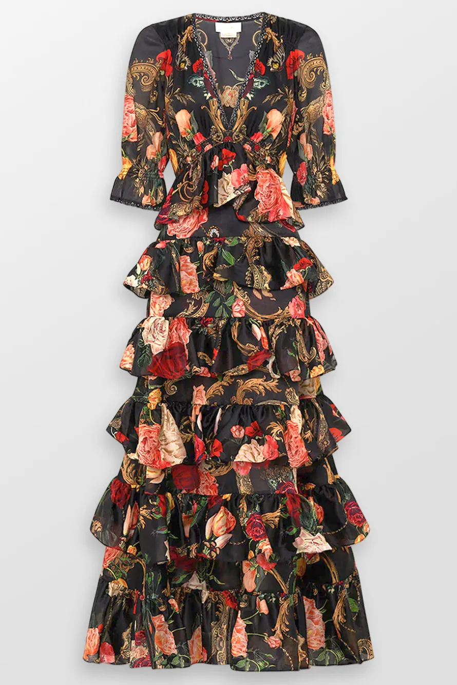 Puff Sleeve Tiered Skirt Floral Maxi Dress