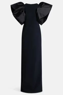 Puff Sleeves Silk Blend Evening Gown in Black