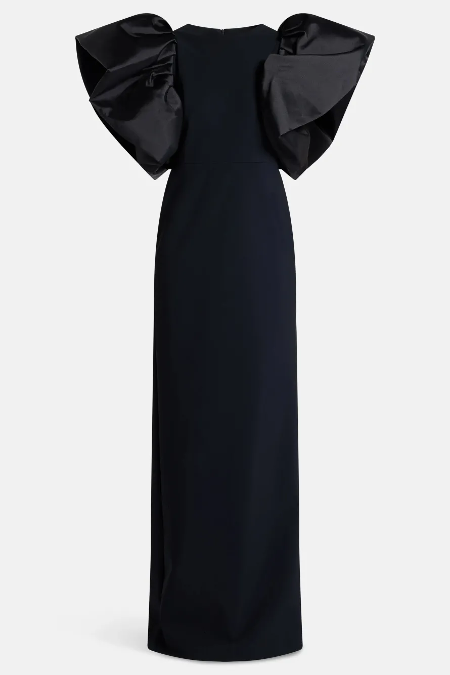Puff Sleeves Silk Blend Evening Gown in Black
