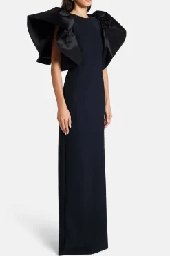 Puff Sleeves Silk Blend Evening Gown in Black