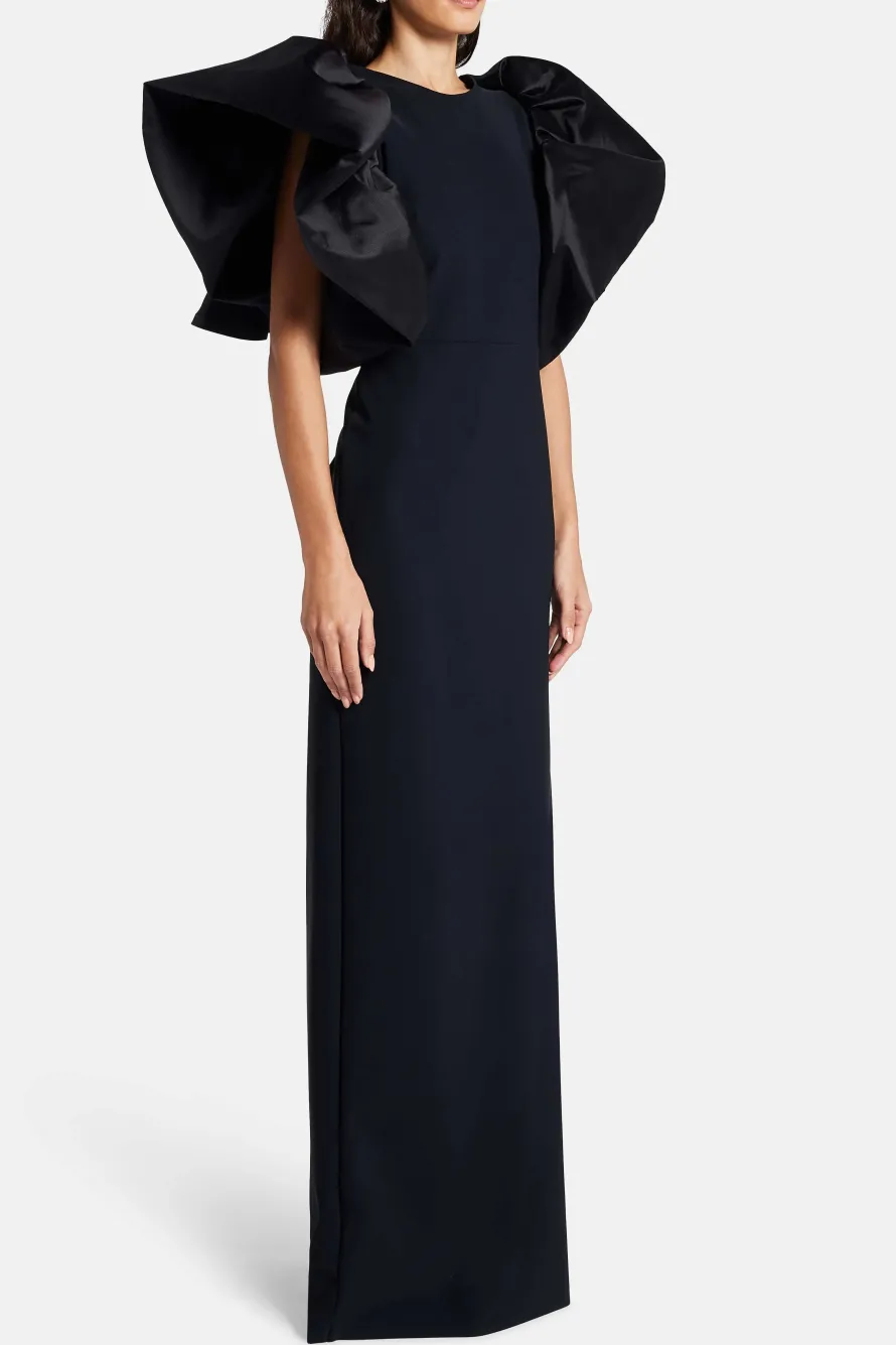 Puff Sleeves Silk Blend Evening Gown in Black